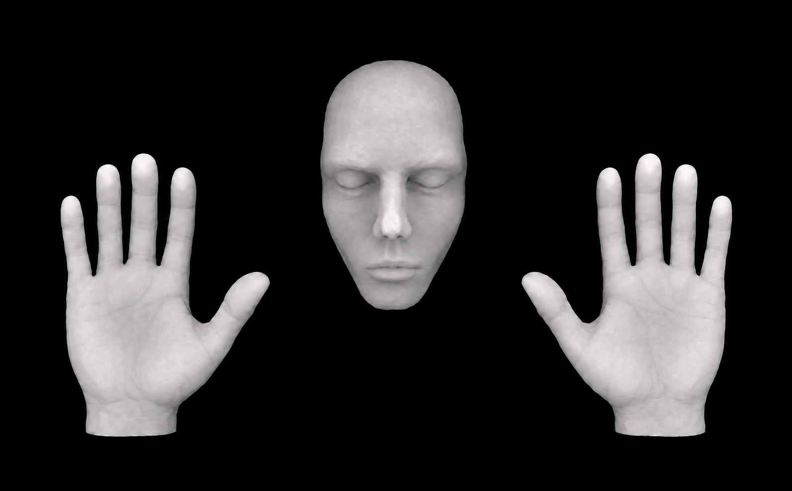 A centered stone face mask closely framed by two open hands, transformed by animated shader effects.